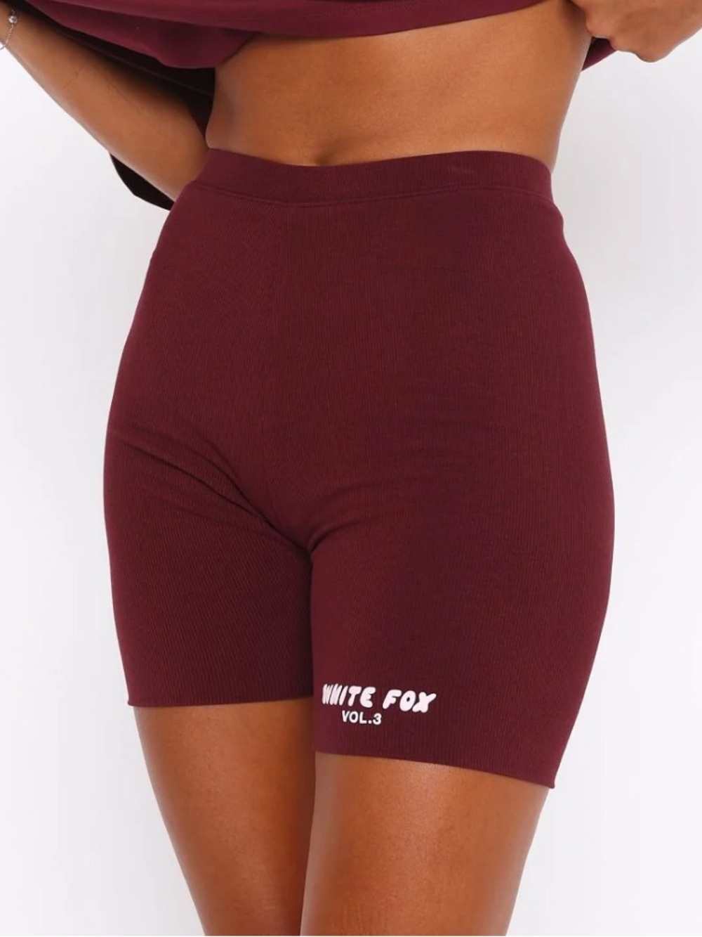 White Fox Boutique Burgundy Ribbed High-Waist Bike Shorts